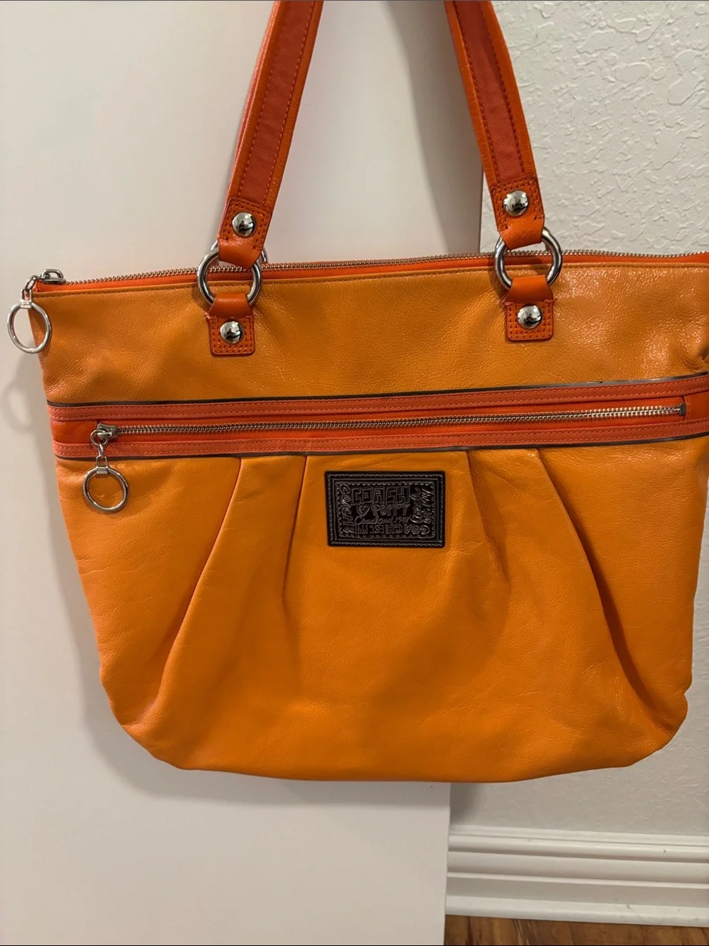 Coach Poppy Glam Bright Orange Shoulder Tote with Front Zip Pocket